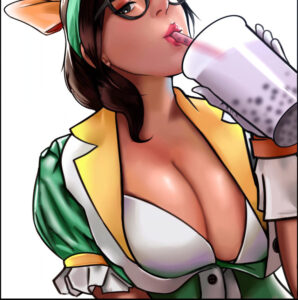 mei-rule-xxx-–-highres,-fruit,-glasses,-simple-background,-cleavage,-green-shirt,-white-gloves