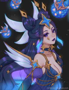 multi-rule-xxx-–-hair-buns,-star-guardian-syndra-prestige-edition,-star-earrings,-signature,-cyan-hair,-female,-blue-dress