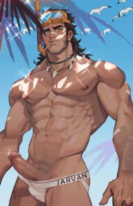 league-of-legends-hentai-–-erect-penis,-male,-beach,-necklace,-abs,-penis-out