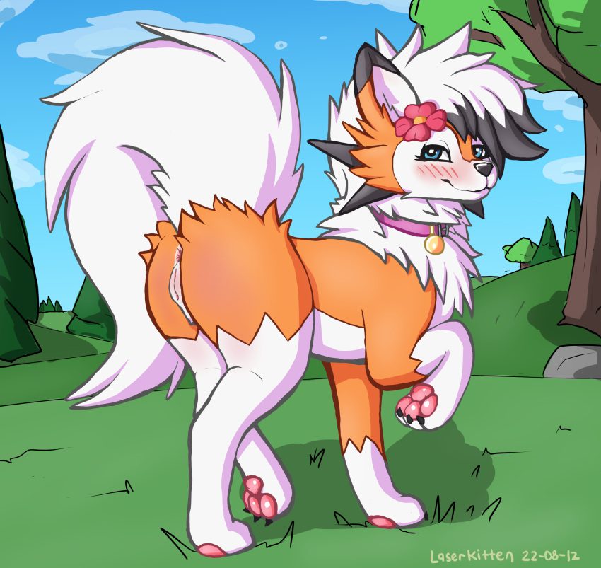 pokemon-xxx-art-–-flower-in-hair,-lycanroc,-pussy,-nintendo,-presenting,-laserkitten,-collar