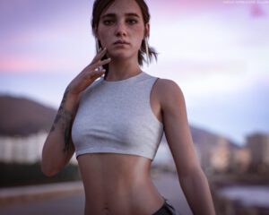 ellie-xxx-art-–-looking-at-viewer,-bare-midriff,-bare-shoulders,-bare-arms,-toned-female,-solo-focus