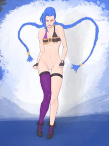 jinx-free-sex-art-–-blue-hair,-gloves,-bikini-top,-twin-braids