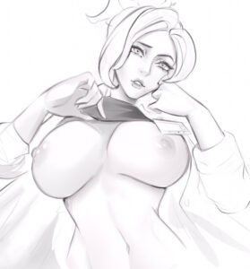 mercy-hentai-porn-–-lifting-shirt,-breasts-out,-showing-breasts,-labcoat,-ponytail,-name-tag,-black-and-white