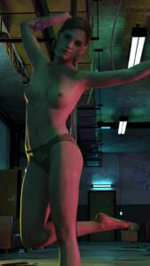 ellie-rule-xxx-–-tattoo-on-arm,-bare-breasts,-feet,-highres,-leg-up,-pole-dancing,-solo-focus