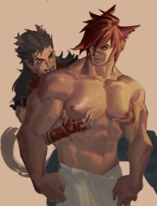 league-of-legends-hentai-porn-–-topless-male,-animal-ears,-groping-from-behind,-facial-scar,-male-only,-original-character,-sett