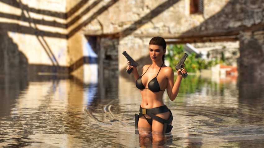 tomb-raider-sex-art-–-standing-in-water,-lara-croft,-holding-weapon,-guns,-dual-wielding,-large-breasts