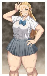 the-legend-of-zelda-hentai-art-–-sweaty-body,-thick-thighs,-blonde-hair,-green-eyes,-huge-breasts