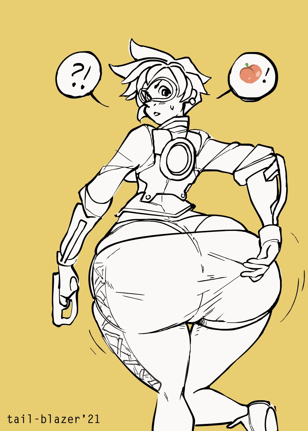 overwatch-game-porn-–-dat-ass,-short-hair,-looking-back,-yellow-background,-breasts,-sweat.