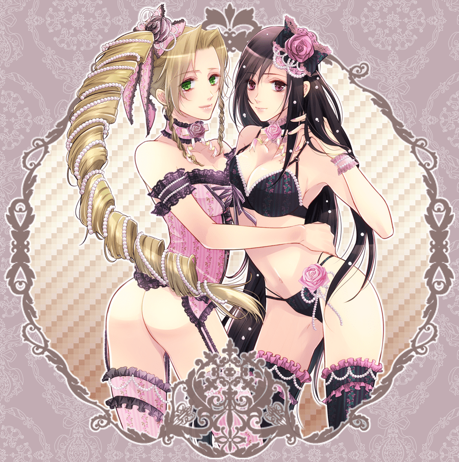 final-fantasy-hentai-–-looking-at-viewer,-frilled-thighhighs,-black-bra,-ls,-hug,-alternate-hair-color,-blonde-hair