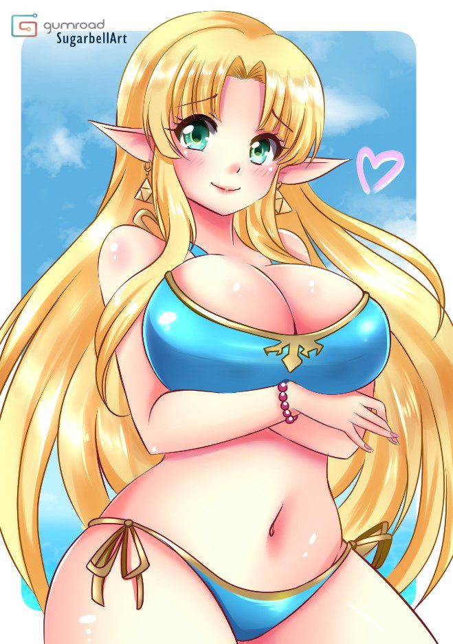 the-legend-of-zelda-hentai-art-–-side-tie-bikini,-sugarbell,-gold-trim,-earrings,-long-hair,-navel