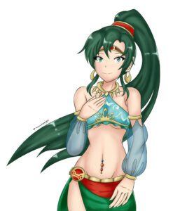the-legend-of-zelda-hentai-art-–-ls,-medium-breasts,-lyn-(fire-emblem),-gerudo-top,-hoop-earrings,-looking-at-viewer,-green-hair