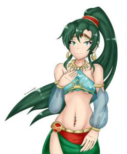 the-legend-of-zelda-hentai-art-–-ls,-medium-breasts,-lyn-(fire-emblem),-gerudo-top,-hoop-earrings,-looking-at-viewer,-green-hair