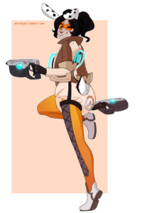 tracer-porn(cosplay)-–-artist-name,-cross-laced-legwear,-handgun,-,-simple-background,-bent-knee.