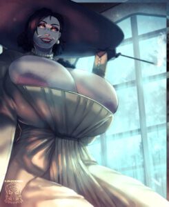 resident-evil-game-hentai-–-areola-slip,-gigantic-breasts,-hat,-taller-female,-smirking