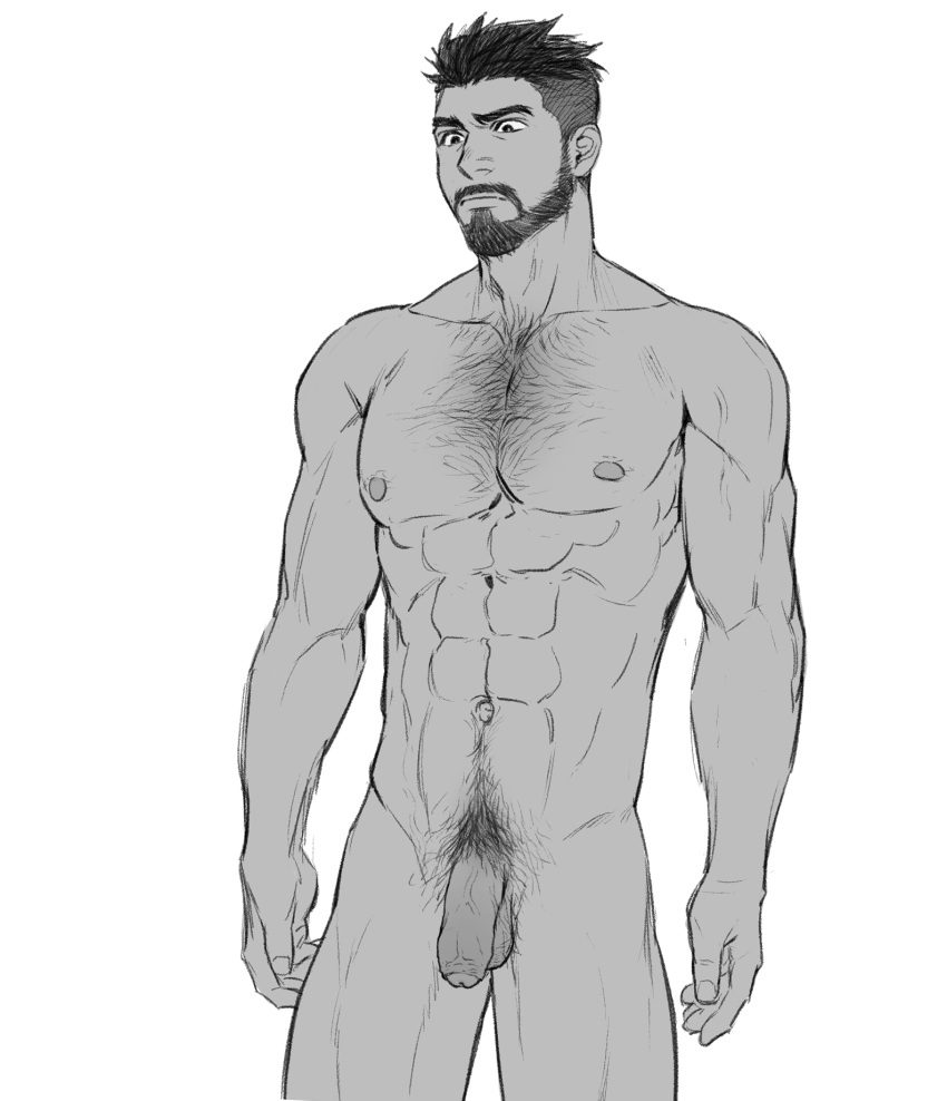 overwatch-xxx-art-–-male-pubic-hair,-pecs,-dark-skin,-nude,-monochrome,-flaccid,-muscle