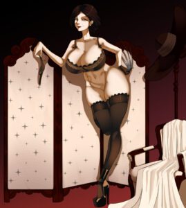 resident-evil-hentai-art-–-cleavage,-thighhighs,-panties-aside,-nails,-black-lips,-mature-woman