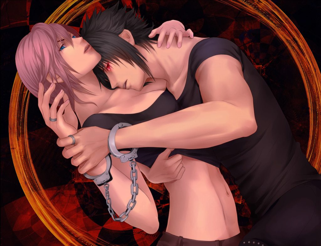 final-fantasy-xxx-art-–-male,-breasts,-handcuffed,-black-hair,-undressing,-shirt-lift,-glowing