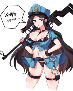 league-of-legends-xxx-art-–-caitlyn-kiramman,-blue-eyes,-korean-text,-midriff,-highres,-light-skin,-gun