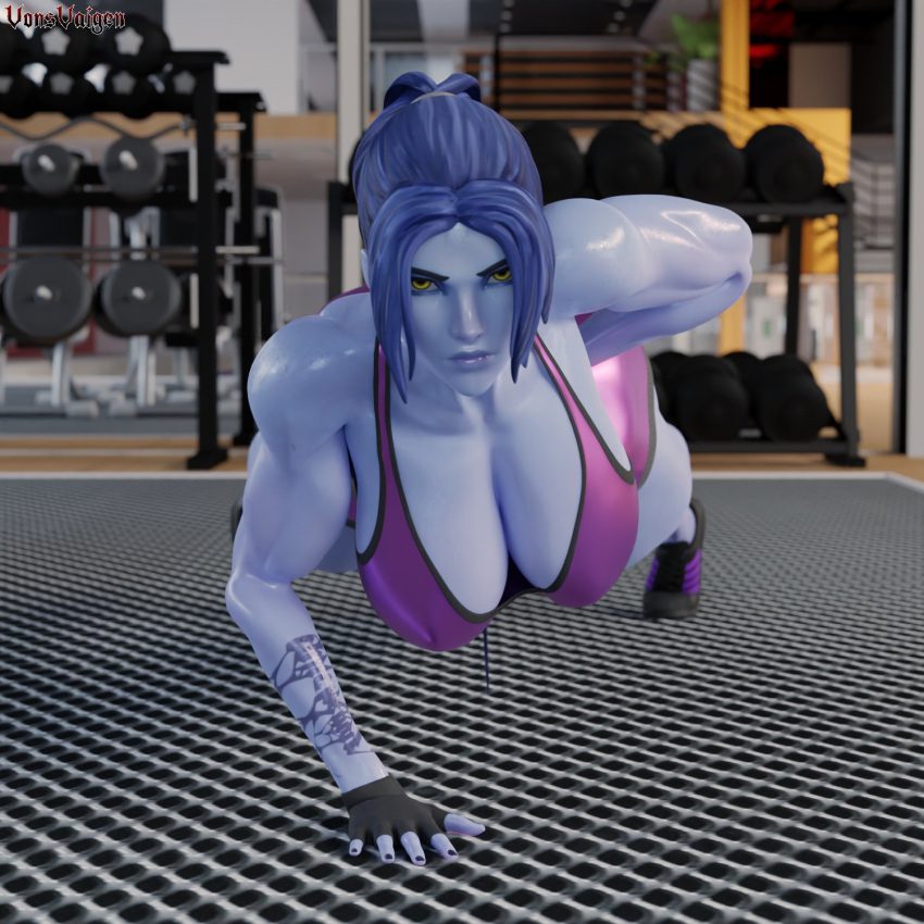 overwatch-porn-hentai-–-blizzard-entertainment,-vonsvaigen,-yellow-eyes,-one-handed-push-up,-looking-at-viewer