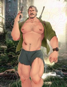 the-last-of-us-sex-art-–-in-character,-muscular,-pedro-pascal,-huge-pecs,-woods,-open-shirt