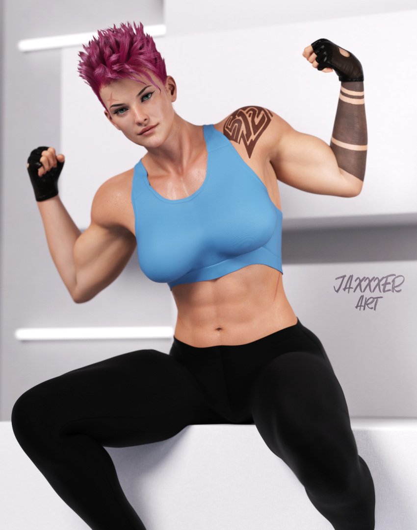 overwatch-hentai-porn-–-muscular,-scar,-flexing,-fingerless-gloves,-zarya,-sports-bra,-solo-female.