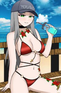 chigusa-porn-hentai-–-tattoo,-grey-hair,-rose-tattoo,-pierced-belly-button,-ass-visible-through-thighs,-red-bikini