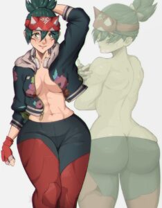 kiriko-game-porn-–-abs,-back-view,-jacket,-headphones,-pants,-cleavage,-green-hair