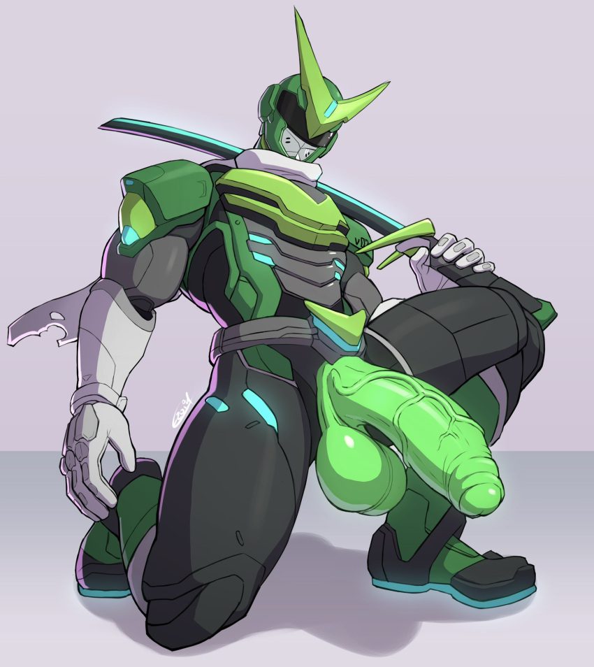 overwatch-hentai-–-solo,-masked-male,-genitals,-ninja,-genji,-glistening-penis,-simple-background