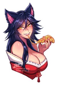 league-of-legends-game-porn-–-sfw,-cleavage,-pizza,-eating,-smiling-at-viewer,-open-mouth,-smile