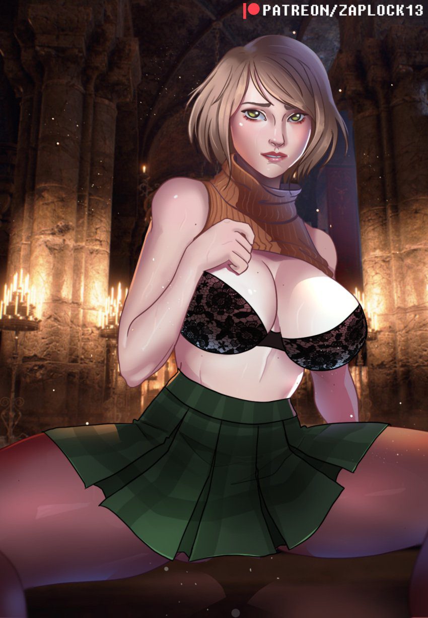 resident-evil-sex-art-–-blonde-hair,-curvy-hips,-open-legs,-legs-apart,-green-skirt,-breasts