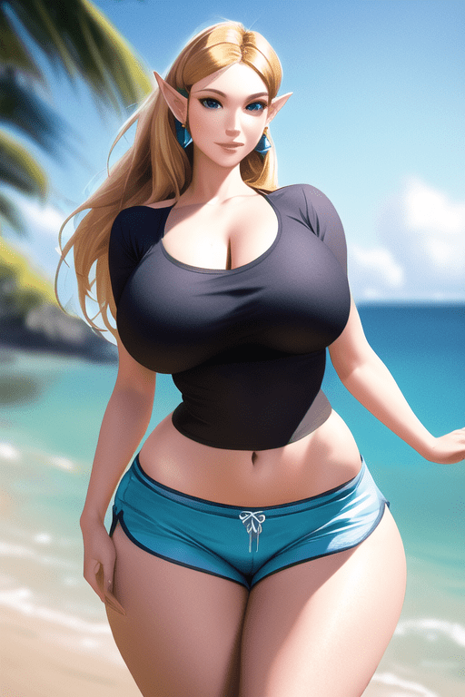 the-legend-of-zelda-hentai-art-–-thick-thighs,-shiny-skin,-princess-zelda,-dolphin-shorts,-beach-background,-huge-hips,-huge-breasts