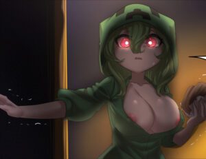 minecraft-hentai-porn-–-nipples-visible-through-clothing,-creeper-girl,-green-hair,-red-eyes