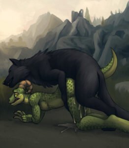 skyrim-game-porn-–-anthro-on-feral,-canine,-green-eyes,-outside-sex,-cum.