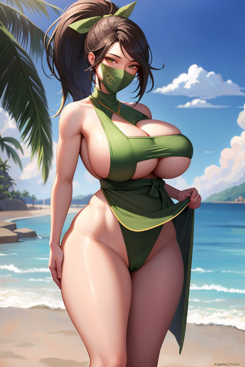 league-of-legends-rule-–-water,-thick-thighs,-mask,-ai-generated,-beach,-ponytail,-ocean