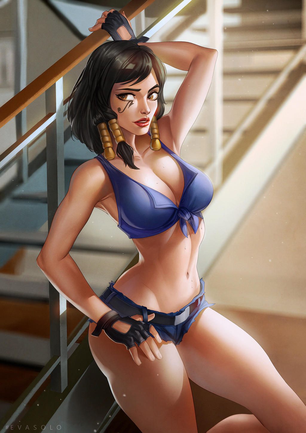 overwatch-hentai-–-black-hair,-evasolo,-blue-bra,-bra,-staircase,-stairs,-pharah