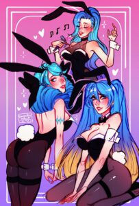 gwen-rule-xxx,-seraphine-rule-xxx-–-bunny-ears-(cosmetic),-bowtie-collar,-gradient-hair,-ponytail,-blue-hair