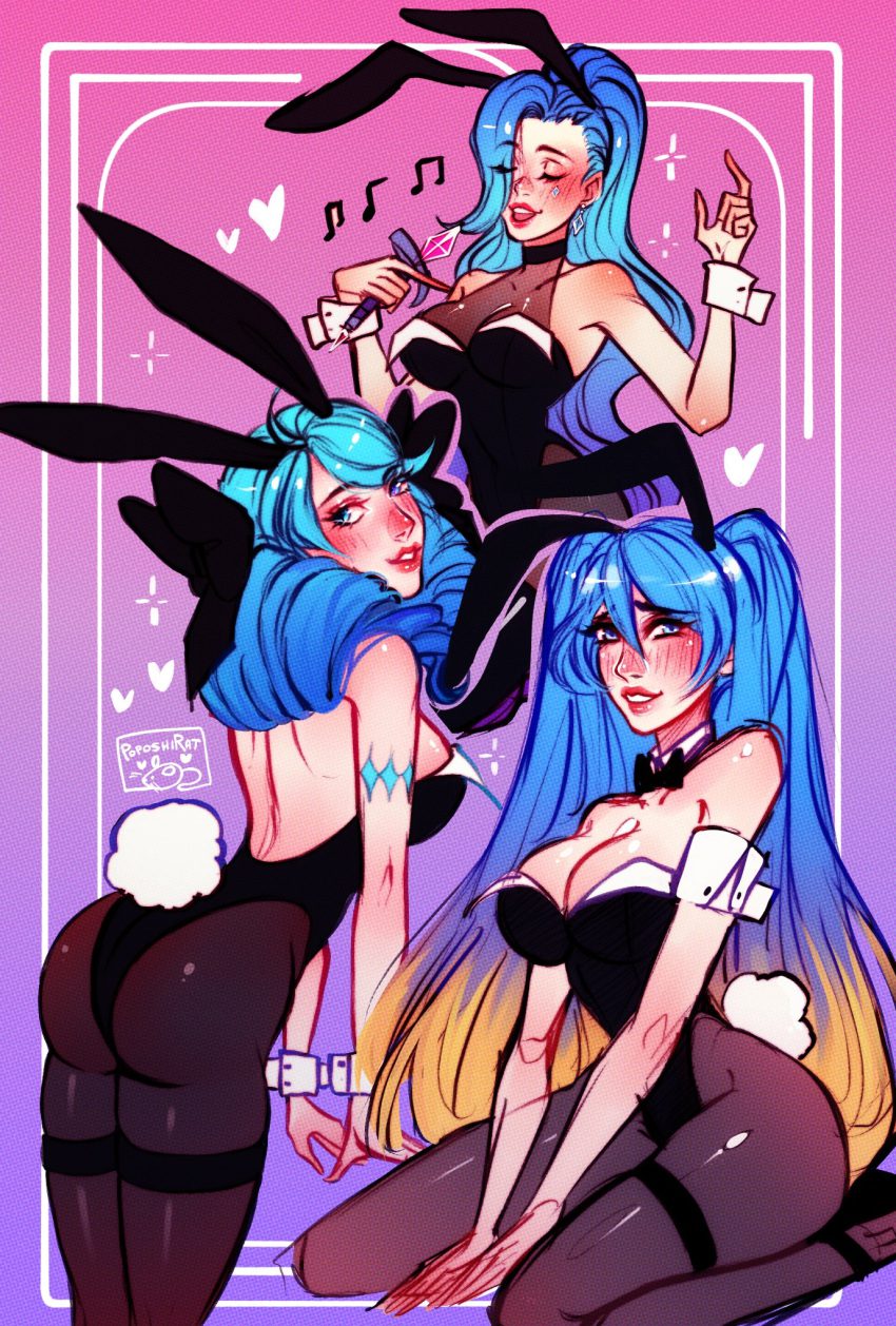 gwen-rule-xxx,-seraphine-rule-xxx-–-bunny-ears-(cosmetic),-bowtie-collar,-gradient-hair,-ponytail,-blue-hair