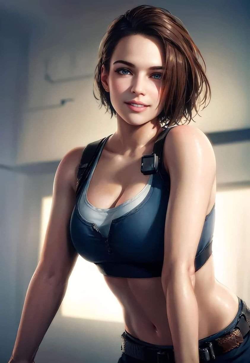 resident-evil-porn-hentai-–-blue-eyes,-big-breasts,-ear-piercing,-smile,-crop-top,-looking-at-viewer