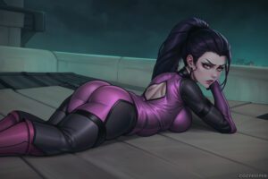 overwatch-xxx-art-–-purple-hair,-latex-bodysuit,-amelie-lacroix,-rooftop,-ponytail