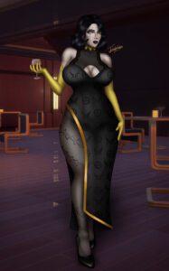 marigold-hentai-xxx-–-black-hair,-abs,-black-dress,-muscular-thighs,-gold-(metal),-short-hair,-solo-focus
