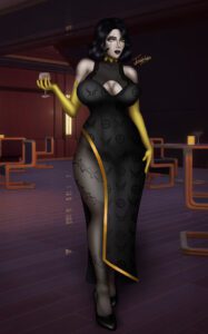 marigold-hentai-xxx-–-black-hair,-abs,-black-dress,-muscular-thighs,-gold-(metal),-short-hair,-solo-focus