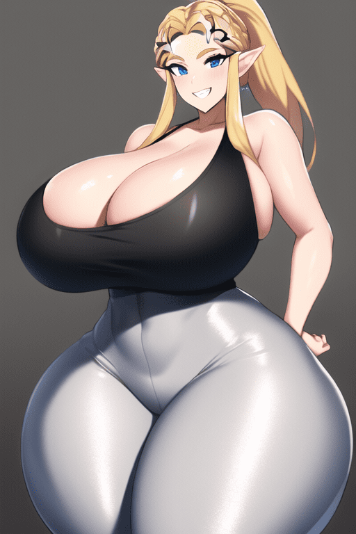 the-legend-of-zelda-porn-–-seductive-smile,-gigantic-breasts,-huge-hips,-blue-eyes,-grey-leggings,-huge-breasts