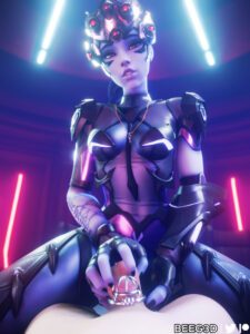overwatch-hentai-–-handjob,-looking-at-viewer,-light-skinned-male,-smile,-cowgirl-position,-purple-body,-pov-eye-contact