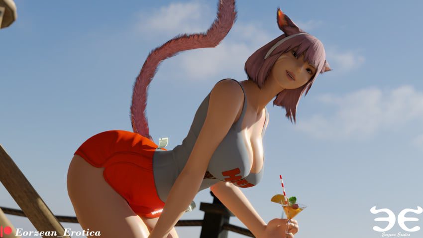 final-fantasy-hentai-porn-–-cleavage,-daytime,-holding,-looking-at-viewer,-hooters-uniform,-cocktail