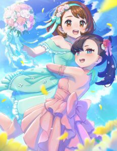 gloria-hentai-art,-marnie-hentai-art-–-bride,-wife-and-wife,-pearl-necklace,-bouquet,-choker,-brown-hair,-blue-dress