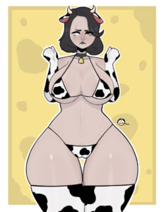 marigold-hentai-art-–-big-breasts,-black-hair,-cow-print,-thick-thighs,-female,-cow-bikini,-breasts