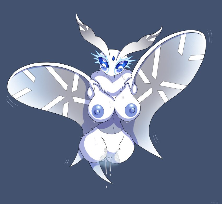 pokemon-sex-art-–-genital-fluids,-blue-eyes,-frosmoth,-simple-background,-clothing,-looking-at-viewer