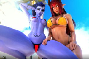 overwatch-sex-art-–-sinia,-glowing-eyes,-beach,-legs,-bikini,-suggestive