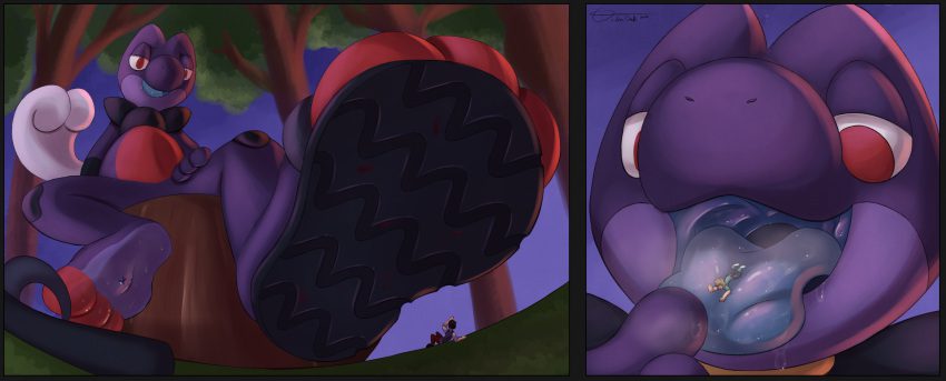 pokemon-hentai-xxx-–-looking-up-at-viewer,-crushed-micros,-bodily-fluids,-nintendo,-two-panel-image,-clothed-human,-purple-body