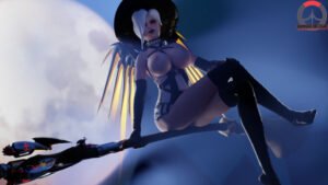 overwatch-hentai-–-stockings,-crossed-legs,-looking-at-viewer,-corset,-large-breasts,-mercy,-glowing-eyes